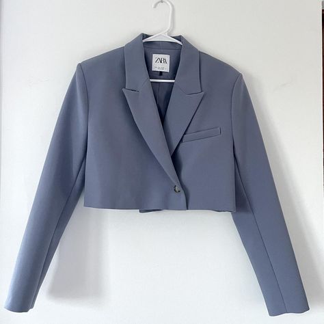 Zara cropped blazer. Size Large but fits a Medium... - Depop Grey With Blue Undertones, Zara Cropped Blazer, Zara Blazer, Cropped Blazer, Zara, Blazer, Grey, Blue