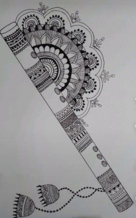 Flute mandala Mandala Art Pencil Sketch, Mandala Art Easy And Beautiful, Simple Mandala For Beginners, Mandala Art Design For Beginners, Drawing Ideas Easy Mandala Art, Beginners Mandala Art, Music Mandala Art Easy, Navratri Drawing Ideas Mandala, Easy And Simple Mandala Art