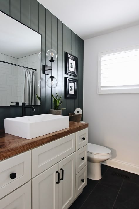 Black Cabinets Butcher Block Counter Bathroom, Bathroom Remodel Single Sink, Flip House, Outdoor Bathroom, Hall Bathroom, Bathroom Countertop, Bathroom Countertops, Upstairs Bathrooms, Up House