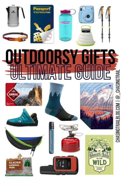 A collage with several outdoor gear items, including a headlamp, collapsible solar lantern, wilderness guide book, hammock, wool socks, Rumpl blanket, national parks pass, and trekking poles, plus the words "Outdoorsy gifts ultimate guide" in black over a rust-colored brush stroke element. Hiking Gifts For Him, Gifts For Granola Friends, Camping Gifts For Women, Gifts For Camping Lovers, Gifts For Outdoorsy People, Gifts For Outdoorsy Women, Outdoorsmen Gifts, Outdoorsy Gift Ideas, Outdoor Gifts For Men