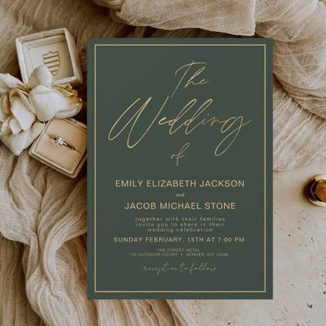 $1.05 | Budget The Wedding of Gold Emerald Green Elegant - modern, elegant, simple, wedding, typography, budget, gold, foil, the wedding, emerald green Green Aesthetic Wedding Invitation, Elegant Simple Wedding, Navy Blue And Gold Wedding, Green Gold Weddings, Typography Invitation, Wedding Typography, Black Gold Wedding, Budget Wedding Invitations, Summer Wedding Invitations