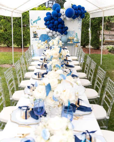 Happy Happenings Designs LLC on Instagram: ““50 Shades of Blue” Graduation Party! 💙🎓   Fabulous at home small celebration exquisitely planned & styled by @harbeevents . . . #HHblooms…” 70th Birthday Ideas For Mom, Blue Party Themes, Grad Party Theme, 80th Birthday Party Decorations, Blue Graduation Party, 50 Shades Of Blue, Graduation Party Table, Graduation Party Cake, Blue Party Decorations