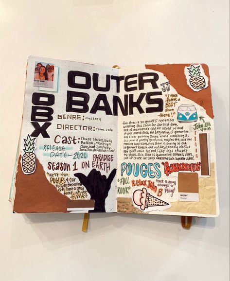 Outer Banks Crafts, Outer Banks Journal Ideas, Outer Banks Book, Outer Banks Journal, Drawing Ideas Outer Banks, Obx Outer Banks Drawings Easy, Tv Show Scrapbook, Outer Banks Journal Page, Outer Banks Art