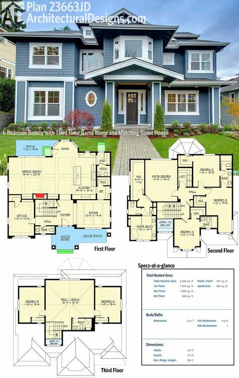 Strike 3rd floor, turn dining room and part of covered patio into 2 car xl garage and extend covered patio to other side, flip mud room and pantry, pantry absorbs butlers pantry, wb fireplace centered on short wall of great room Small Craftsman House Plans, House Plans 2 Story, 6 Bedroom House Plans, Guest House Plans, Prairie Style Houses, Two Story House Plans, Two Story House, Two Bedroom House, 6 Bedroom House