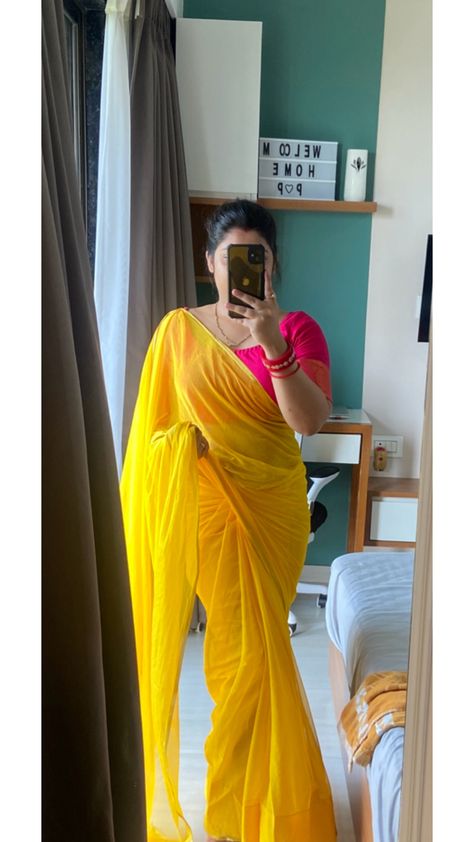 Yellow Saree With Pink Blouse, Pink Blouse Outfit, Pink Blouses Outfit, Yellow Saree, Blouse Outfit, Pink Blouse, Saree, Yellow, Pink