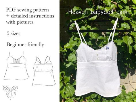 Heaven Babydoll Cami - Etsy Diy Cami Top Pattern, Babydoll Top Pattern, Textiles Studio, Tank Top Sewing Pattern, Sewing Top, Easy Diy Clothes, Babydoll Cami, Upcycle Clothes Diy, Cute Sewing Projects