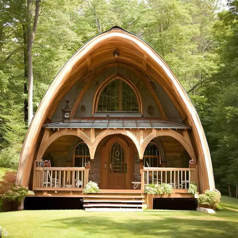 Arch Cabins, Gothic Tiny House, Arched Cabins, Quonset Homes, Quonset Hut Homes, Arched Cabin, Earth Sheltered Homes, Arch Building, Diy Cabin