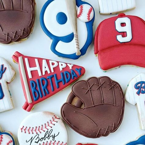 Sweet Life Cookie Co | Bespoke Cookies for All Occasions on Instagram: "Happiest 9th birthday to Bobby, who loves baseball! Vintage baseball theme has been on my list for a while and I loved this order so much. Paired with the gorgeous cake by @bakedseattle Bobby’s mom knocked this dessert table outta the park! ⚾️🧢  #baseballcookies #9thbirthday #decoratedcookies #royalicingcookies #seattleeats #issaquah #issaquahhighlands #issaquahbakery #issaquahcustomcookies #snoqualmie #snoqualmieridge #northbend #bellevue #kirkland #renton #redmond #mercerisland #seattle #washington #shoplocally #maddiesnumbers" Baseball Cookies Decorated 1st Birthday, Baseball Cookie Cake, Bar Mitzvah Baseball Theme, Baseball Birthday Cake, Baseball Birthday Cakes, Baseball Table, Baseball Pennants, Baseball Cookies, Baseball Theme Birthday