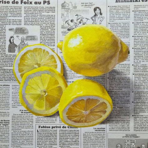 Citrus Painting, Lemon Artwork, Fruits Painting, Food Art Painting, Journal D'art, Lemon Painting, Gcse Art Sketchbook, Newspaper Art, Cardboard Painting