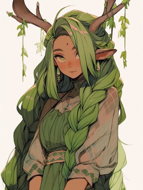 Plant Person Character Design, Summer Eladrin Dnd, Forest Nymph Character Design, Plant Person Character, Dryad Oc, Nature Character Design, Flower Character Design, Druid Oc, Nature Elf