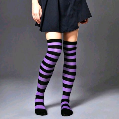 Goth Long Socks Purple & Black Brand New One Size Fits Most Materials: Elastane Polyester Pastel Goth Aesthetic Outfit, Goth Outfits Purple, Purple Goth Outfits, Punk Outfits Aesthetic, Purple And Black Leg Warmers, Purple Thigh Highs, Alt Outfits Aesthetic, Purple Goth Accessories, Purple Thigh High Socks