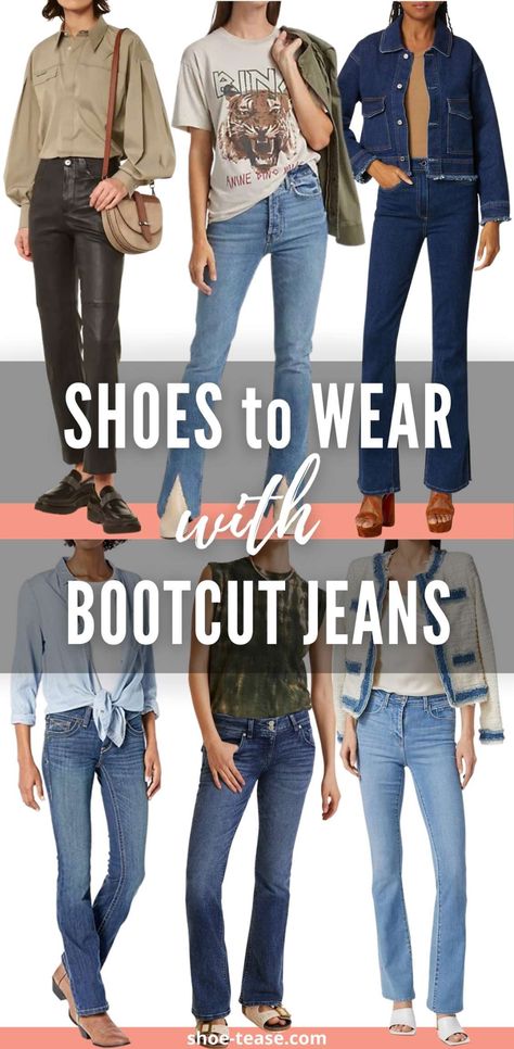 12 Best Shoes to Wear with Bootcut Jeans Outfits for Women in 2024 Shoes To Wear With Bootcut Jeans, How To Wear Bootcut Jeans, Shoes To Wear With Flare Jeans, Sweater And Jeans Outfit, Bootcut Jeans Outfit, Jeans 2022, Popular Jeans, Facade Ideas, Bootleg Jeans