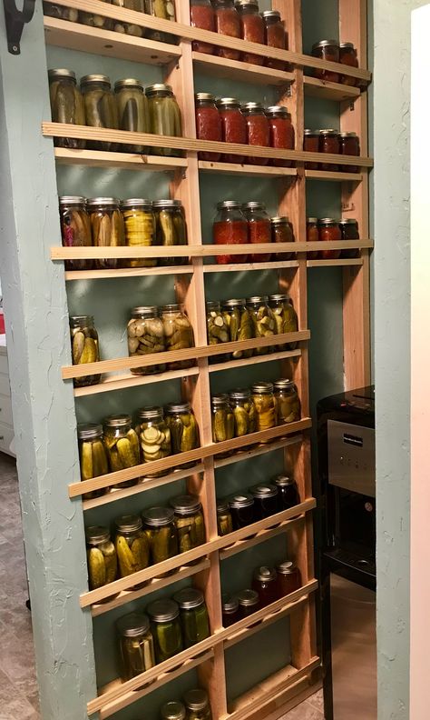 Canning storage DIY Shelving w/in pantry wall studs that will fit up to 70 quart jars.  HUGE space saver! Pantry With Canning Jars, Pantry Shelving Ideas Canning Jars, Canning Jar Wall Storage, Small Canning Pantry, Pantry In Wall Studs, Pantry And Storage Room, Pantry Shelves For Canning Jars, Shelving For Canning Jars, Diy Canning Jar Storage