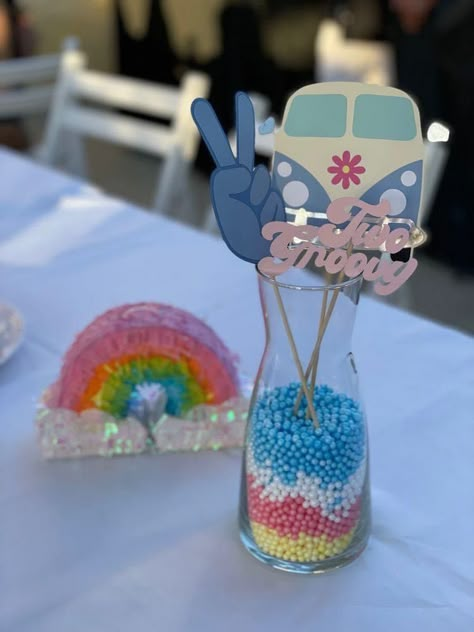 Groovy Party Snack Ideas, Groovy Centerpieces Birthday, Two Groovy Centerpiece, Two Groovy Birthday Party Centerpieces, Fourever Groovy Birthday Party Cake, Groovy Party Centerpiece Ideas, Two Groovy Birthday Party Diy, Diy Groovy One Party Decor, Two Groovy Party Food Ideas