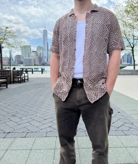 Crochet Amalfi Top - Men's Crochet Pattern by The Crocheting - crochet envy Button Down Pattern, Crochet Shirt Pattern, Mens Shirt Pattern, Top Crochet Pattern, Crochet Button, Hats Crochet, Crochet Men, Gifts Crochet, Crochet Hoodie