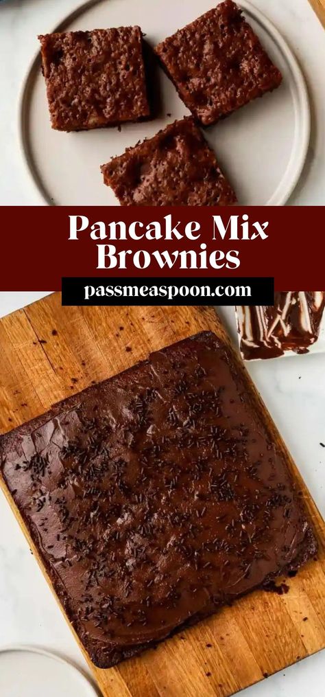 If you love cakey brownies, you need to make these pancake mix brownies! They’re are light and fluffy, moist and chocolatey.  Made with a pancake mix, they are super easy to make! Pancake Mix Brownies, Pancake Mix Desserts Easy, Desserts With Pancake Mix Baking, Pancake Mix Cake Recipe, Pancake Mix Recipe Ideas Desserts, Recipes With Pancake Mix Easy, Pancake Mix Desserts, Pancake Mix Cake, Pancake Mix Recipe Ideas