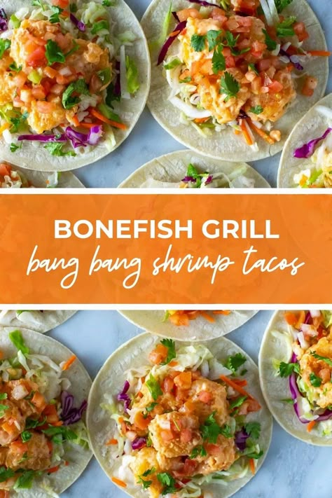 Bang Bang Shrimp Tacos {Bonefish Grill Copycat} Bang Bang Shrimp Tacos With Slaw, Bonefish Bang Bang Shrimp, Coconut Shrimp Tacos, Grilled Shrimp Tacos Recipe, Crispy Shrimp Tacos, Bang Bang Shrimp Tacos, Tacos Recipes, Shrimp Taco, Shrimp Taco Recipes