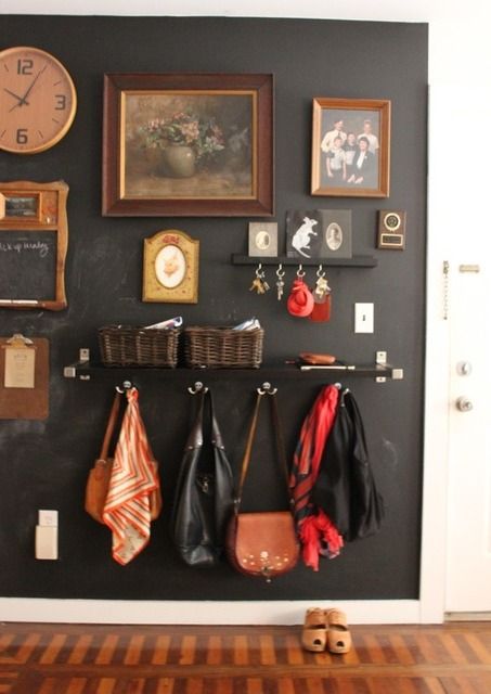 I want this so badly. It is chalkboard paint. I have an amazingly artistic idea for this to be implemented into my home. I am excited that this gives me something to look forward to in my future. Hallway Shelves, Narrow Shelf, Space House, Apartment Entryway, Entryway Inspiration, Picture Ledge, Entryway Ideas, Dark Wall, Small Entryway