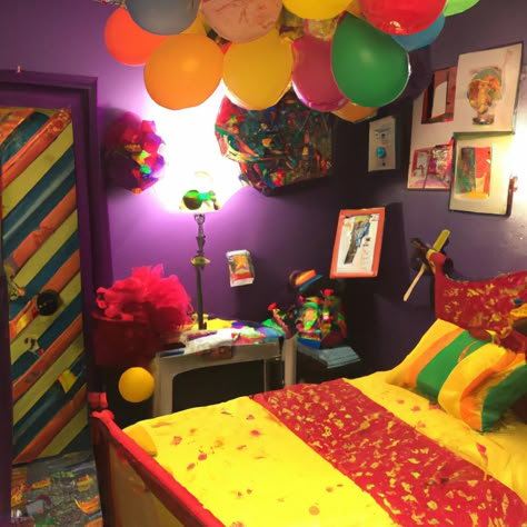 Clown Bedroom Aesthetic, Clown Interior Design, Clowncore Room Ideas, Clown Themed Room, Clown House Decorations, Childish Bedroom, Clown Room Decor, Clowncore Bedroom, Weird Bedrooms