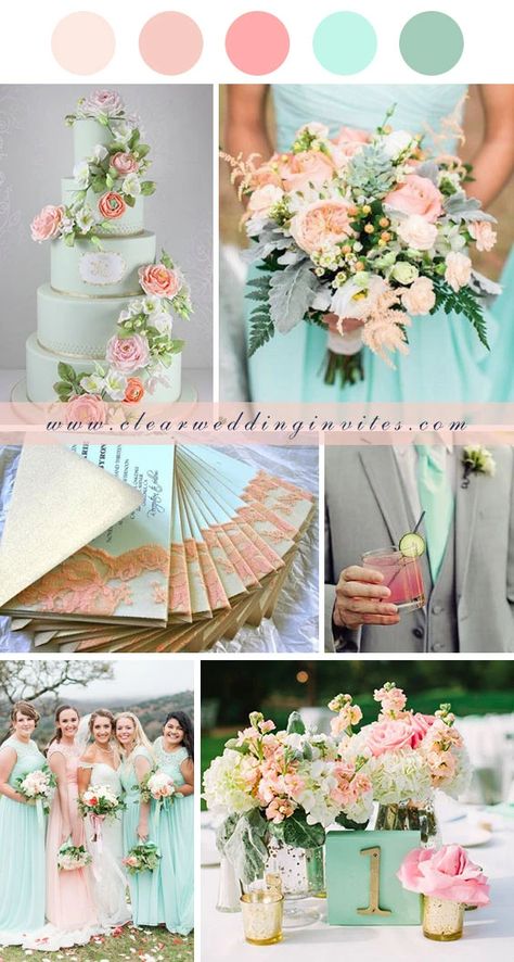 6 Spring Pastel Wedding Color Ideas and Trendy Invitations – Clear Wedding Invites Mint Peach Wedding, Seafoam Green And Pink Wedding, Light Green And Pink Wedding Theme, Seafoam Wedding Colors, Mint Green Wedding Ideas, Mint Wedding Theme, Mint Wedding Colors, Spring Wedding Pastel, Wedding Pastel Colors