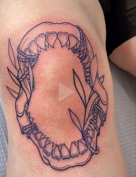 Knee Tattoo Pair, Jaw Tattoo On Knee, Shark Tooth Knee Tattoo, Knee Tattoo Patchwork, Shark Jaw On Elbow, Shark Jaws Tattoo Elbow, Aquatic Knee Tattoo, Shark Elbow Tattoo, Ocean Elbow Tattoo