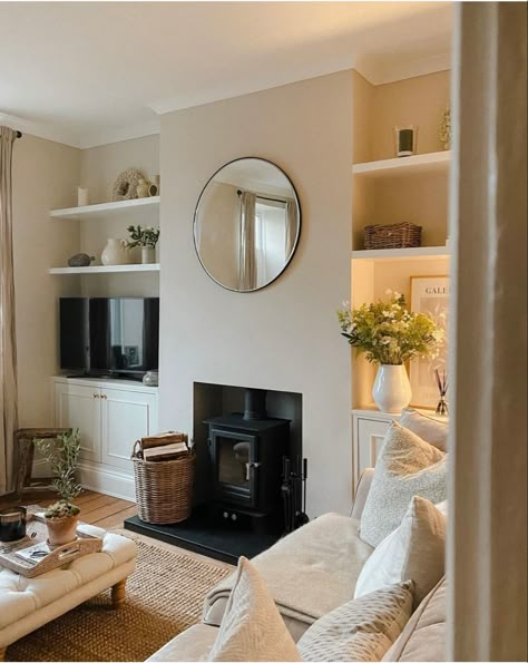 Stacked Brick Fireplace, Small Lounge Ideas With Fireplace, Living Room New Build Uk, Snug Tv Room, Small Alcove Ideas Living Room, Alcove Units Living Room, Terraced House Interior Living Rooms, White Company Living Room, Tv Snug Room Ideas