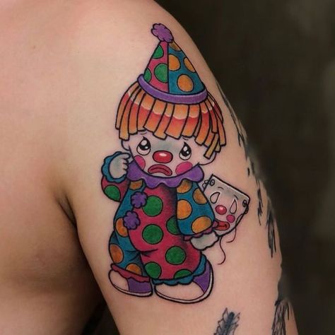 Kewpie Clown Tattoo, Happy Clown Tattoo, Clown Fish Tattoo, Traditional Clown Tattoo, Clown Tattoos, Tattoos 2023, Clown Core, Clown Tattoo, Neck Tattoo For Guys