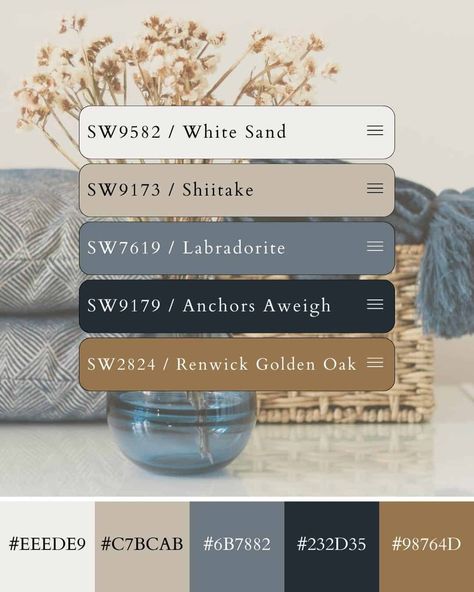 Cozy Color Palette with Hex Codes and Paint Color Matches Navy Cream And Tan Bedroom, Hex Color Schemes, Cozy Color Palette, Grey Colour Scheme Bedroom, Color Palette Hex Codes, Color Palette With Hex Codes, Grey Bedroom Colors, Colours That Go With Grey, Tan Bedroom