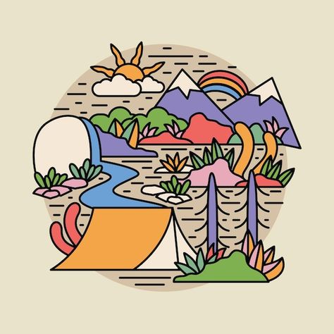 Camping nature adventure wild colorful g... | Premium Vector #Freepik #vector #camp #camping-adventure #camping-mountain #summer-camp Summer Camp Graphic Design, Summer Camp Illustration, Waldorf Learning, Graphic Illustration Art, Camping Cartoon, Camping Illustration, Mountain Summer, Apartment Hacks, Camping Nature