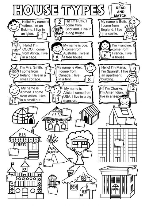 House types Reflective Teaching, House Types, Reading Comprehension For Kids, English Worksheet, English Exercises, Reading Test, Esl Activities, Kids English, English As A Second Language (esl)