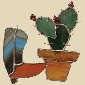 Cactus Ornaments, Stained Glass Cactus, Round Cactus, Sunset Cactus, Boot Ornament, Cactus Sunset, Stained Glass Artwork, Stained Glass Gifts, Glass Cactus