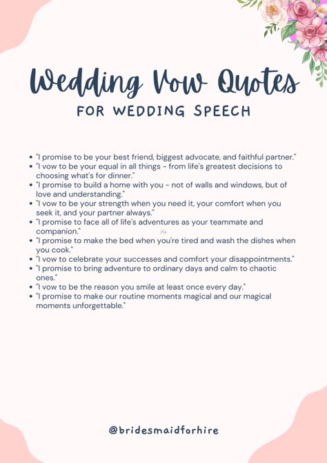 100 Quotes for Your Wedding Vows - Bridesmaid For Hire Bible Verse For Wedding Vows, Ring Vows Exchange Of, 2nd Marriage Vows, Wedding Vow Quotes, Vow Quotes, Ring Vows, Best Man Speech Examples, Vows Template, Bride Wedding Speech