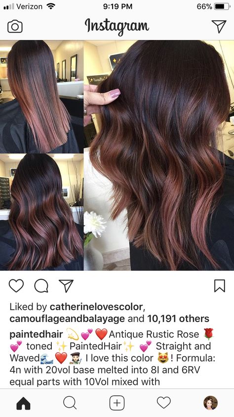 Redken Fall Hair Color, Dark Brown Hair Auburn Balayage, Chocolate Rose Balayage, Rv Hair Color, Fall Hair Ideas For Brunettes Balayage, Chocolate Raspberry Balayage, Dark Hair With Auburn Balayage, Fall Brown Balayage Hair, Redken Red Brown Formula