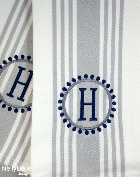 Kitchen towels are monogrammed in gray and navy. NellyBelle Designs Monogrammed Kitchen Towels, Monogram Kitchen Towels, Nellybelle Designs, Embroidery Kitchen Towels, Embroidered Kitchen Towels, Monogram Pillowcase, Towel Embroidery Designs, Embroidery Kitchen, Embroidery Items