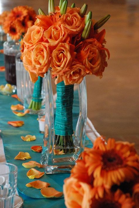 8 Beautiful and Budget-Friendly Alternatives to Expensive Wedding Flowers - The Krazy Coupon Lady Turquoise Bouquet, Wedding Reception Table Decorations, Fall Wedding Centerpieces, Wedding Expenses, Teal Wedding, Turquoise Wedding, Orange Wedding, Copper Turquoise, Orange And Turquoise