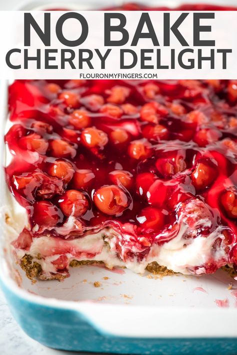 Whip up a super easy no bake cherry delight with Dream Whip, cream cheese, and a pecan crust. The best old fashioned recipe straight from Mom's kitchen. #flouronmyfingers #cherrydelight #DreamWhip #nobake #dessertrecipes No Bake Cherry Delight, Eclairs Cake, Cherry Delight Dessert, Best Old Fashioned Recipe, Whip Recipes, Delight Dessert, Pecan Crust, Cherry Delight, Old Fashioned Recipe