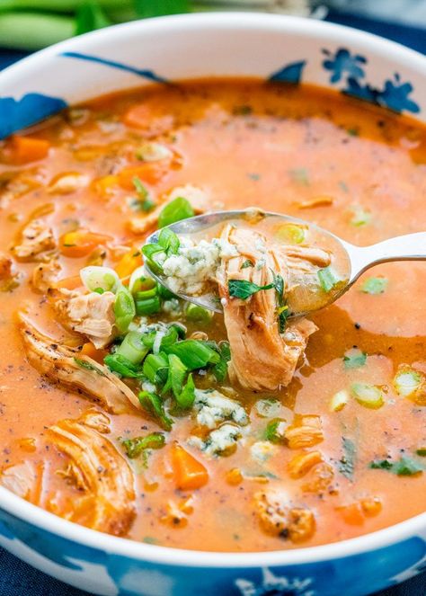 This Buffalo Chicken Wing Soup tastes just like buffalo chicken wings but in a creamy delicious soup. Bold flavors, easy to whip up, it will blow your mind! www.jocooks.com #buffalochicken Buffalo Chicken Wing Soup, Chicken Wing Soup, Chicken Wing Soup Recipe, Buffalo Chicken Wing, Soup Recipe Easy, Buffalo Chicken Soup, Cooking Chicken Wings, Chicken Shawarma Recipe, Easy Buffalo Chicken