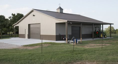 This garage was built for Don of Brenham, TX  Special Features:    Morton's Hi-Rib Steel  Cupola Wainscot  Porches  Windows w/ Shutters  Alumasteel Do... Pole Barn Designs, Metal Shop Building, Pole Barn Garage, Metal Building Kits, Steel Building Homes, Morton Building, Metal Barn Homes, Metal Building Home, Barn Living