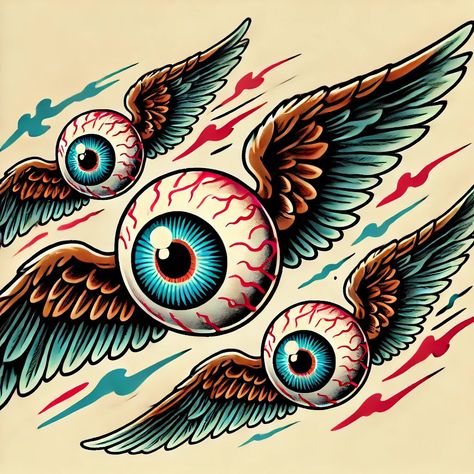 Traditional Eyeball Tattoo, Eyeball Tattoos, Flying Eyeball Art, Flying Eyeball, Eyeball Tattoo, Eyeball Art, Wings Tattoo, Seeing Eye, Tat Ideas