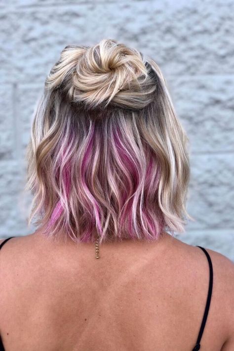 Top 13 Pink Underdye Hair Ideas For Women Short Hair Peek A Boo Color, Peck A Boo Hair Color, Blonde With Vivid Peekaboo, Pop Of Purple Hair, Pops Of Pink Hair, Blonde Bob With Pink Peekaboo, Hot Pink Blonde Hair, Burgundy Peekaboo Hair Blonde, Hidden Hair Color Blondes