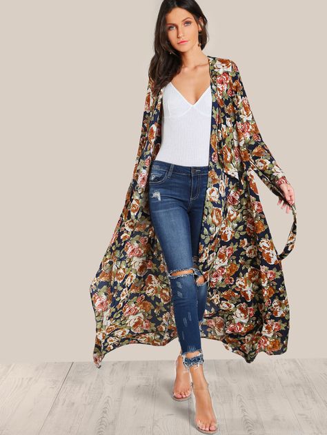 Shop Waterfall Lapel Flap Back Duster Coat online. SheIn offers Waterfall Lapel Flap Back Duster Coat & more to fit your fashionable needs. Dress Over Jeans, Kimono Outfit, Mode Kimono, Estilo Hippie, Mode Abaya, Dusters, Boho Kimono, Kimono Fashion, Kimonos