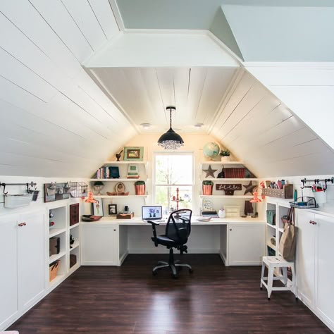 Renovated Attic Playroom- Office-Craft Room by Unskinny Boppy-7 Attic Home Office, Attic Office Ideas, Attic Library, Attic Office, Slanted Walls, Attic Renovation Ideas, Finished Attic, Attic Playroom, Slanted Ceiling