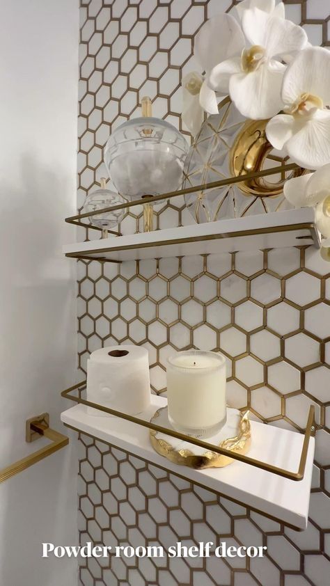 Boutique Bathroom Wallpaper, Small Half Bathroom Decor Glam, Female Bathroom Wallpaper, Wallpaper Cabinets Bathroom, Gold And Bronze Bathroom Fixtures, Black And Gold Washroom Ideas, White And Gold Restroom, Small Bathroom With Wallpaper Ideas, Washroom Assessories