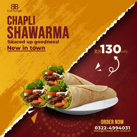 Hi everyone this post is related to the food . if you need this kind of banner then you cam simple Dm me or can place an order on my fiver gig. Shawarma Sauce, Food Creatives, Adobe Photoshop Design, Canva Tips, Food Poster Design, Place An Order, Chicken Wraps, Food Poster, Photoshop Design