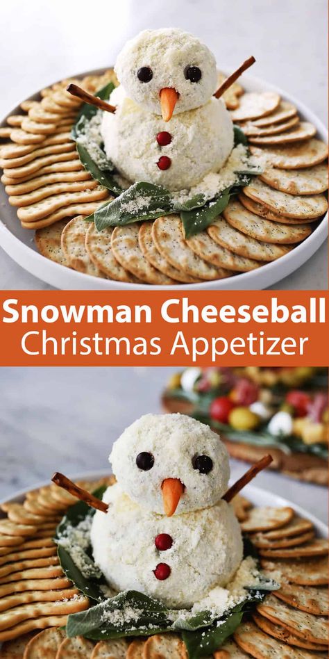 Snowman Cheese Ball - A Beautiful Mess Cheese Ball Recipes Snowman, Cheese Snowman Appetizer, Snow Man Cheeseball, January Appetizers, Snowman Cheeseball Recipe, Snowman Appetizers, Snowman Cheeseball Christmas, Cheese Ball Snowman, Cheeseball Christmas