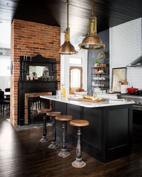 A pine ceiling gives the kitchen a country vibe, while its inky black paint job ups the space's cool factor and creates a focal point at the center of the home. Modern Farmhouse Kitchens, Furniture Stores, Trendy Kitchen, Kitchen Paint, Cheap Furniture, Kitchen Remodel Idea, Black Kitchens, Classic Furniture, Annie Sloan