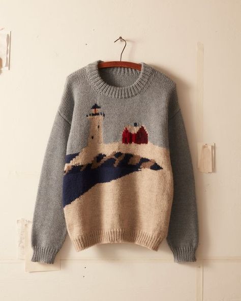 BODE on Instagram: "Our Highland Lighthouse Sweater is inspired by a hand knit sweater from the 1980s. The reference sweater was knit by a Truro, Massachusetts resident to benefit the preservation of a local arts center. This sweater is made on hand looms at a woman-owned and operated factory in Peru. The intarsia landscape sweater design is by Lynne & Douglas Barr, originally inspired by The Nubble Lighthouse. ​​​​​​​​ Also available in children's sizes." Lighthouse Outfit, Lobster Sweater Knitting Pattern, Truro Massachusetts, Knitted Landscape, Coastal Grandpa, Vintage Sweater Outfit, Landscape Knit Sweater, Landscape Sweater, Intarsia Knit Sweater