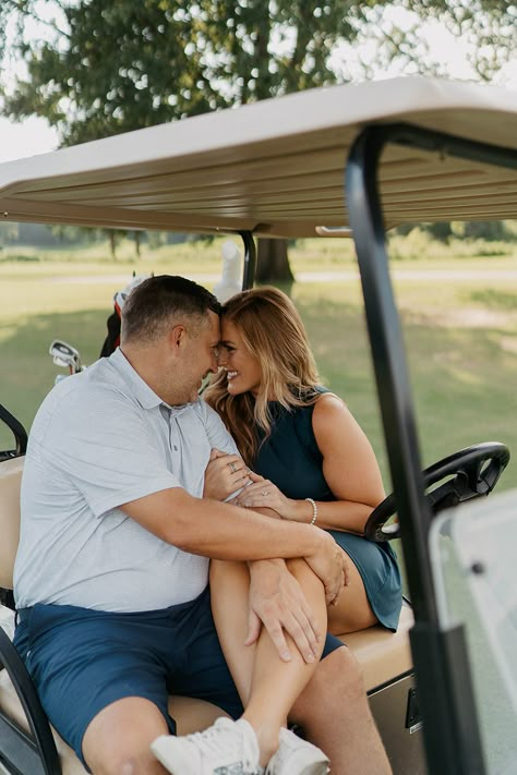 Engagement Photos On Golf Course, Engagement Shoot Golf Course, Golf Maternity Photos, Golf Course Couple Photos, Golf Course Pictures Photo Ideas, Golf Family Photoshoot, Golf Themed Engagement Photos, Golf Course Proposal, Golfing Engagement Photos