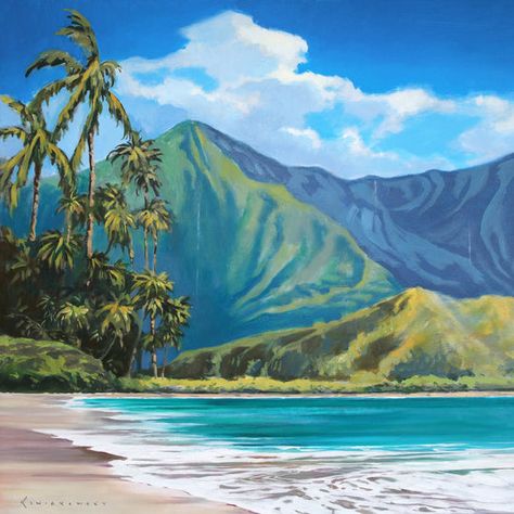 Prints – Ocean Art by Koniakowsky Tropical Beach Painting, Hawaii Painting, Ocean Landscape Painting, Black Canvas Paintings, Waterfall Paintings, Tropical Painting, Hawaii Art, Hawaiian Art, Ocean Landscape