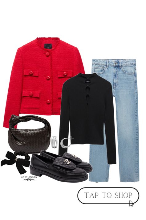 Red tweed pocket jacket, black ribbed sweater with buttons, straight leg denim jeans, black Bottega Veneta Jodie bag, Chanel loafers & silver hoop earrings.#LTKstyletip #LTKSeasonal #LTKmidsize #popofred #redoutfits #redjacket #redcardigan #tweed #ootd #chanelloafers #loafers #jeansoutfit #highstreetstyle #casual #chic #itgirl #ootdfashion Red Tweed Jacket Outfit, Chanel Jacket Outfit, Red Tweed Jacket, Parisian Chic Outfits, Tweed Jacket Outfit, Sweater And Jeans Outfit, Black Ribbed Sweater, Jodie Bag, Fashion 23